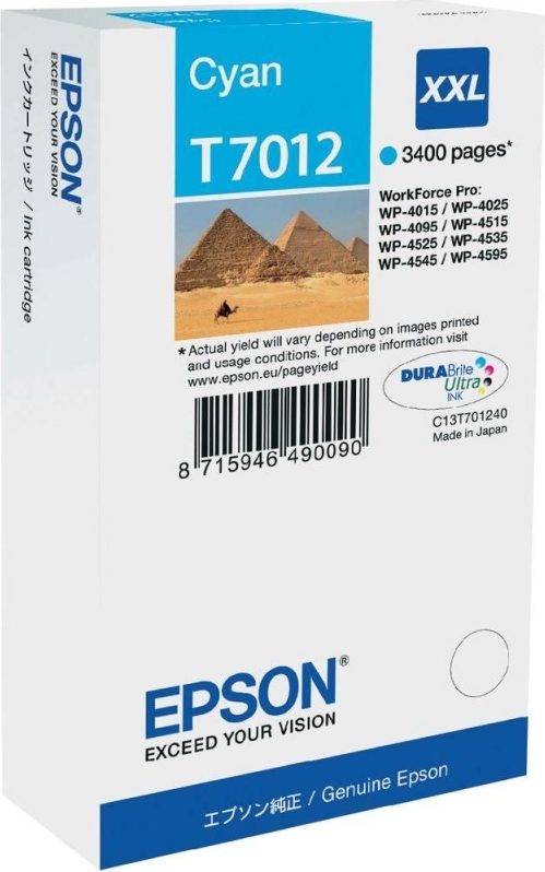 Cartus Cerneala Original Epson Cyan, T7012, pentru WP4000|4500,  , (timbru verde 0.15 lei), „C13T70124010″(RAPO)
