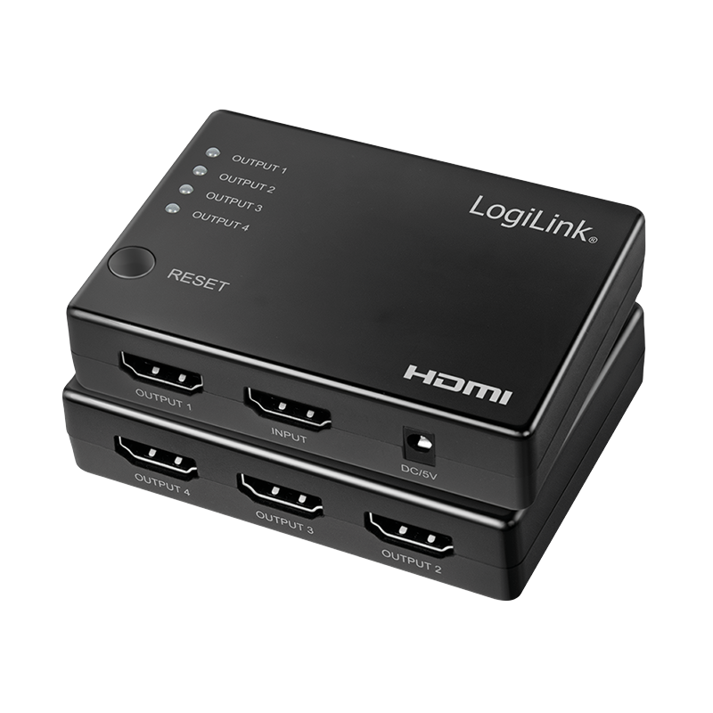 SPLITTER video LOGILINK, 1 x 4 port, Input: HDMI (M) x 1, Output: HDMI (M) 1.4 x 4, rezolutie maxima 4K UHD (3840 x 2160) la 30 Hz, HDCP 2.2, audio, negru, „HD0036” (timbru verde 0.18 lei)