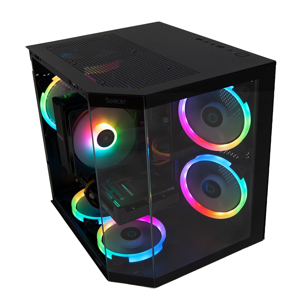 Sistem Desktop PC Gaming Spacer Gladiator R5, AMD Ryzen 5 5500, 16GB DDR4, 512GB SSD, Intel ARC B570 10GB, No Os, Negru, „SPACER-Gladiator-R5.5500-16D4S512” (timbru verde 7lei)