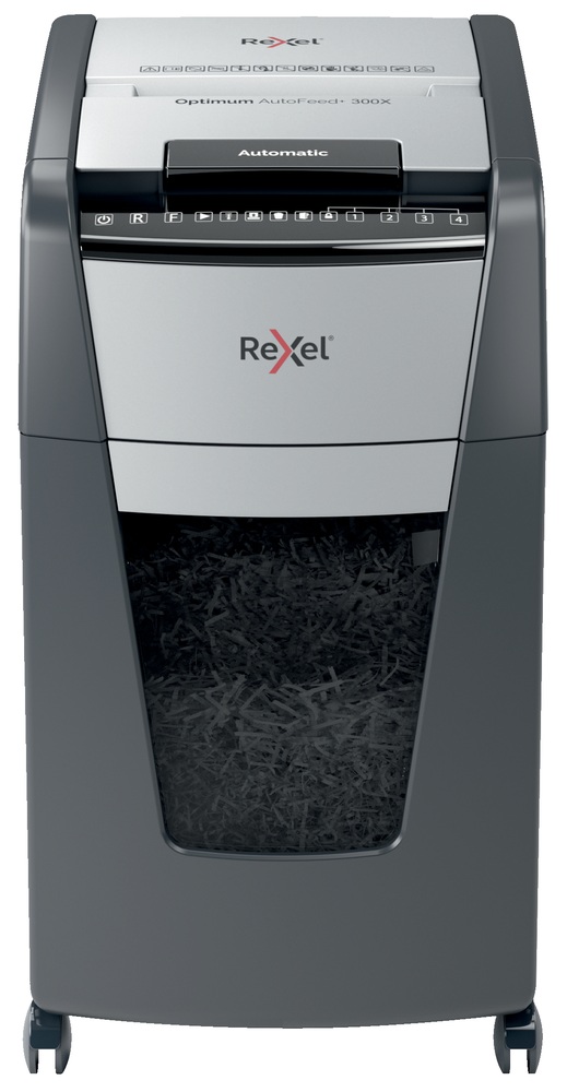 Distrugator automat documente Rexel OPTIMUM 300X , 300 coli, P4, cross-cut (tip confeti), cos 60 litri, negru-gri, "2020300XEU" (timbru verde 40 lei) - imagine 2