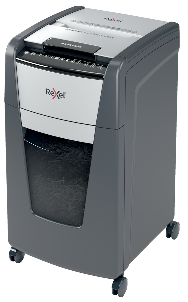 Distrugator automat documente Rexel OPTIMUM 300X , 300 coli, P4, cross-cut (tip confeti), cos 60 litri, negru-gri, "2020300XEU" (timbru verde 40 lei)