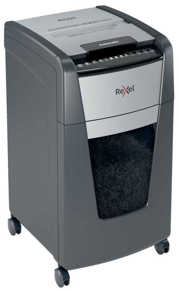 Distrugator automat documente Rexel OPTIMUM 300X , 300 coli, P4, cross-cut (tip confeti), cos 60 litri, negru-gri, "2020300XEU" (timbru verde 40 lei) - imagine 3