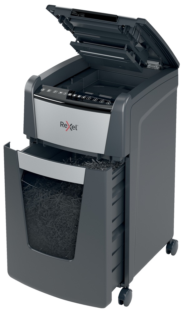 Distrugator automat documente Rexel OPTIMUM 300X , 300 coli, P4, cross-cut (tip confeti), cos 60 litri, negru-gri, "2020300XEU" (timbru verde 40 lei) - imagine 4