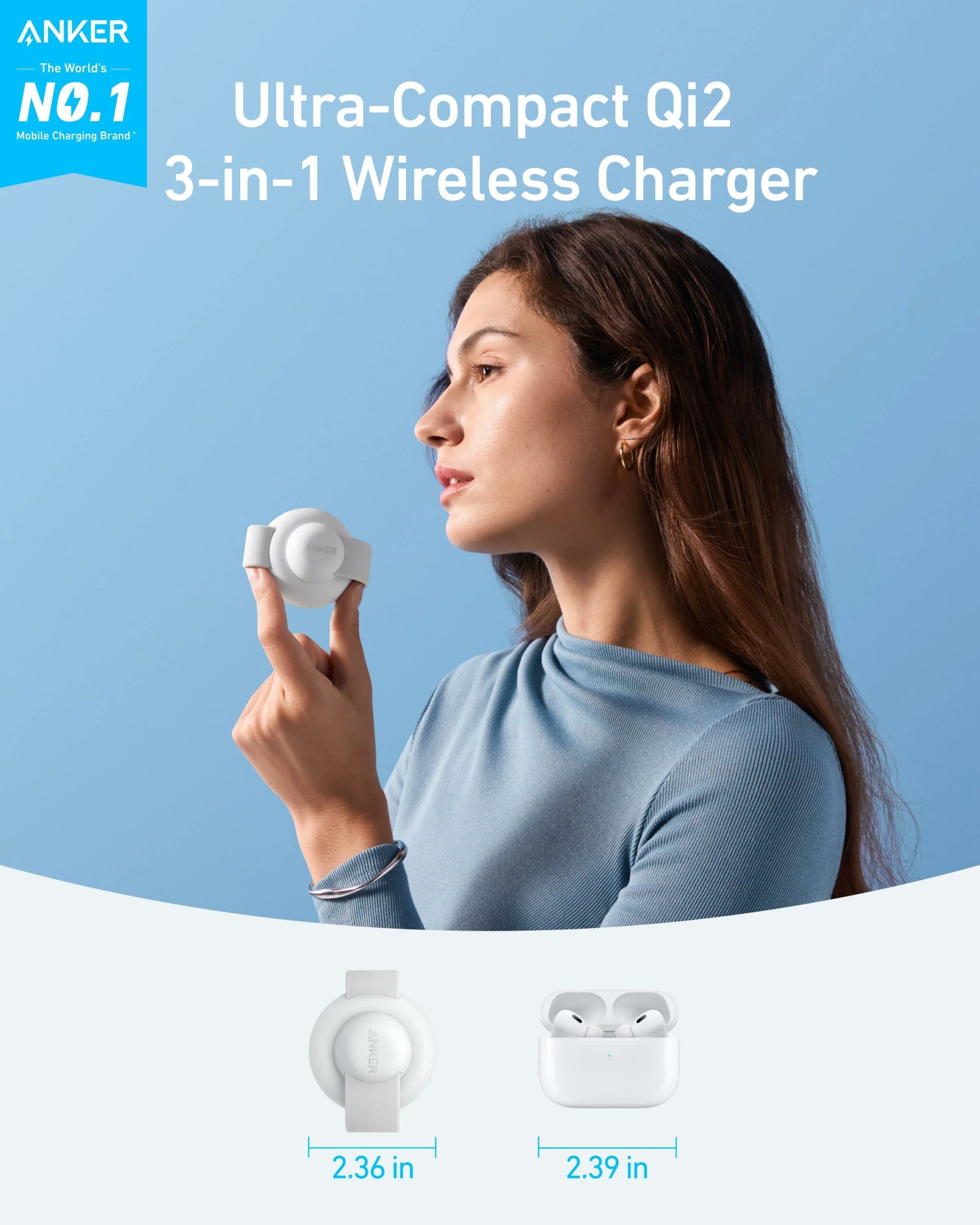 Stand cu incarcare wireless 3 in 1 Anker, MagGo 3-in-1, 15W, portabil, pliabil, fast charge, pentru iPhone seriile 12-16, Apple Watch, AirPods, 1 x USB-C incarcare, alb, "B25M8H21" (timbru verde 0.18 lei) - 0194644205928 - imagine 3