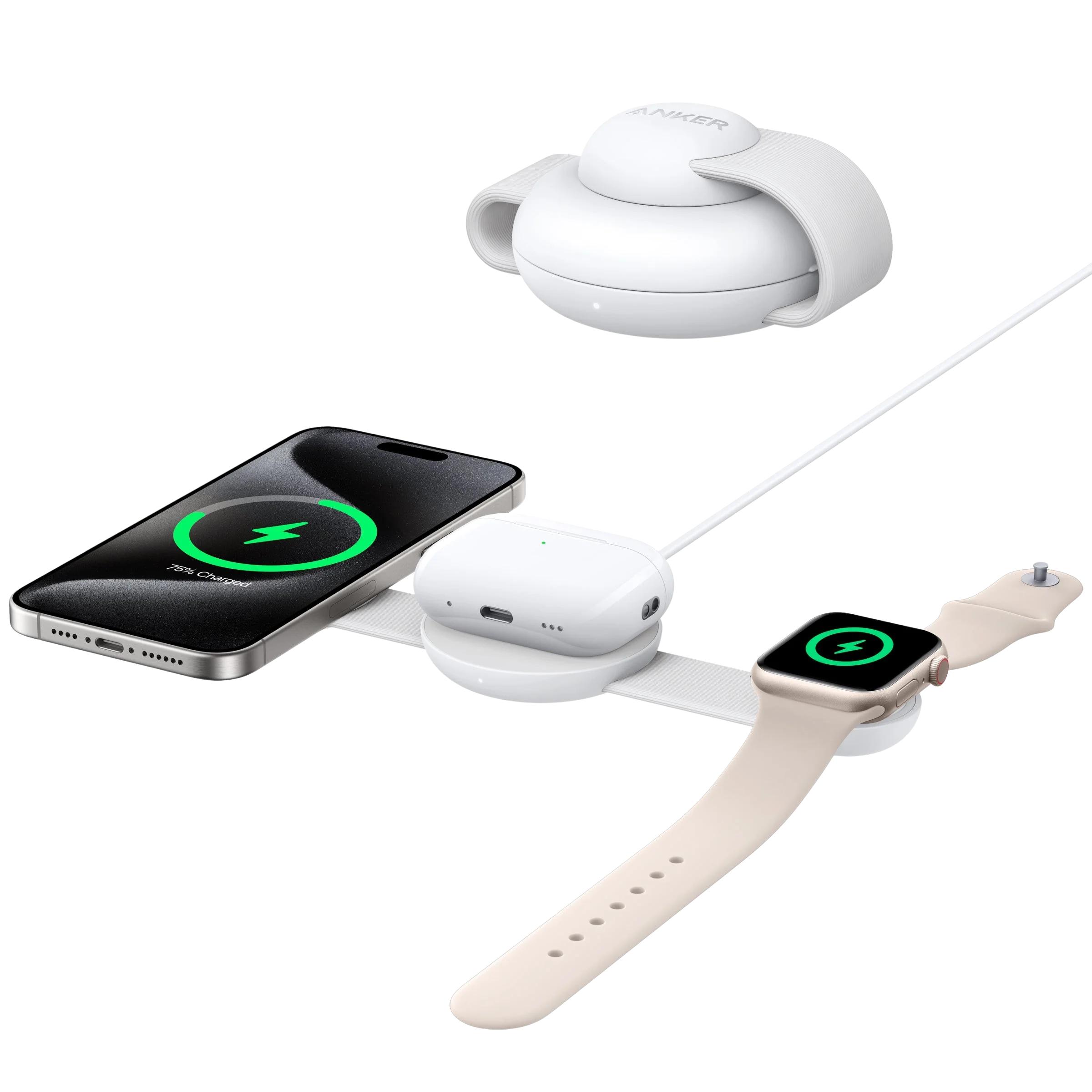 Stand cu incarcare wireless 3 in 1 Anker, MagGo 3-in-1, 15W, portabil, pliabil, fast charge, pentru iPhone seriile 12-16, Apple Watch, AirPods, 1 x USB-C incarcare, alb, "B25M8H21" (timbru verde 0.18 lei) - 0194644205928 - imagine 2