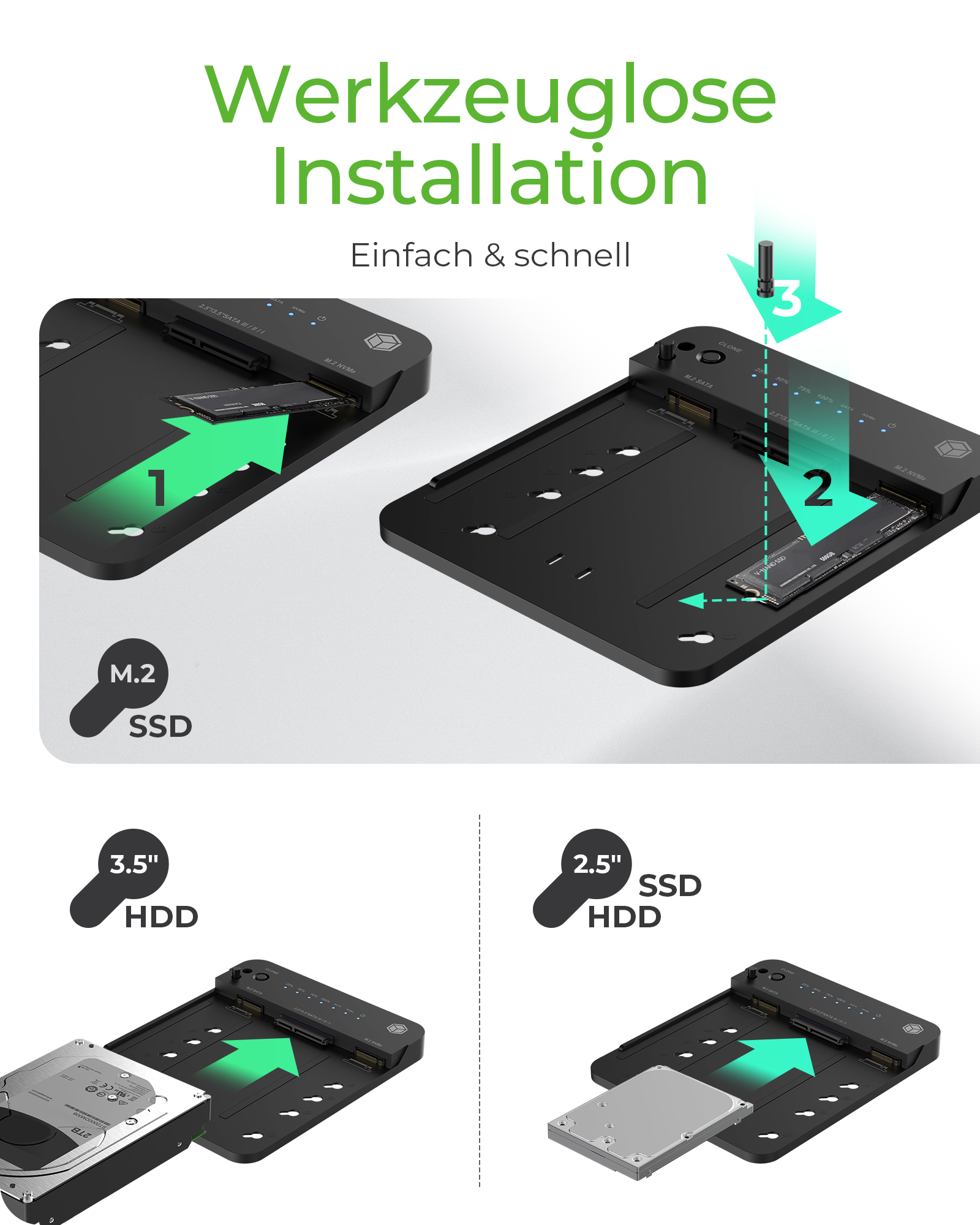 DOCKING STATION Icy Box, pentru clonat de la HDD/SSD 2.5" si 3.5" SATA, la M.2 PCIe NVMe SSD, bidirectional, LED, USB 3.2 Gen2 Type-C, negru, "IB-2915MSCL-C31" 9timbru verde 0.8 lei) - imagine 2